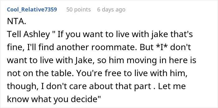 Comment discussing refusal of roommate's boyfriend moving in without consent.