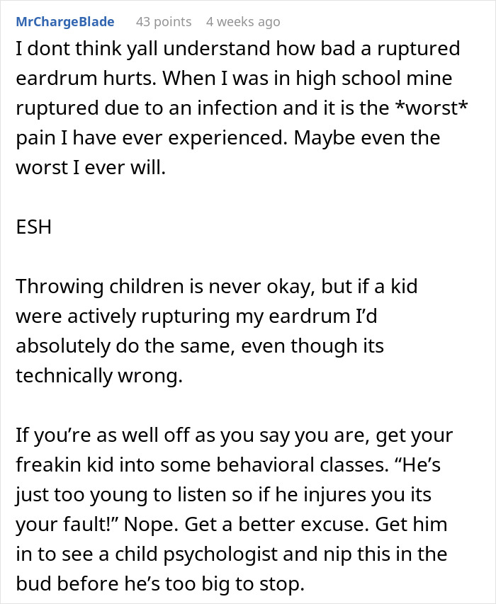 Text discussing a ruptured eardrum, parenting, and child behavior in context of refusing pay for sister's college, toddler concussion.