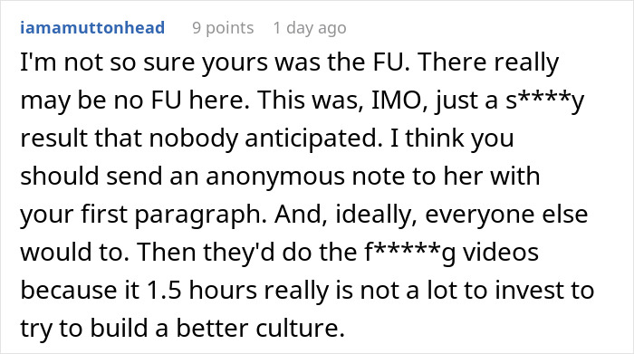 Reddit comment discussing an HR director's unexpected reaction at work.