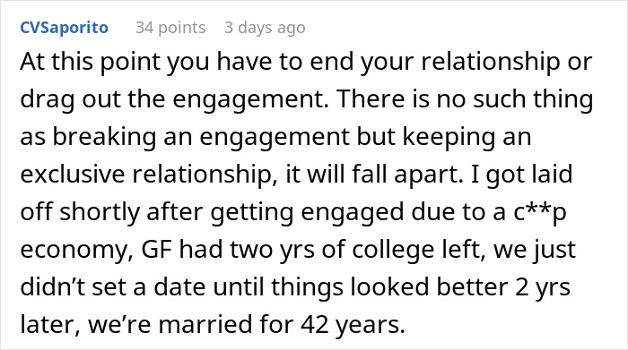 Comment on engagement advice, sharing a personal story about a long-term relationship decision.