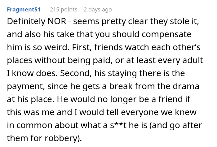 Reddit comment discussing friends and roommate who stole stuff from an apartment.