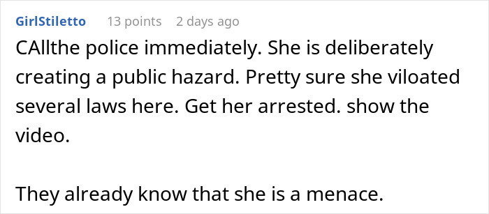 Comment criticizing a neighbor for creating a hazard with water in freezing temperatures, calling her a public menace.