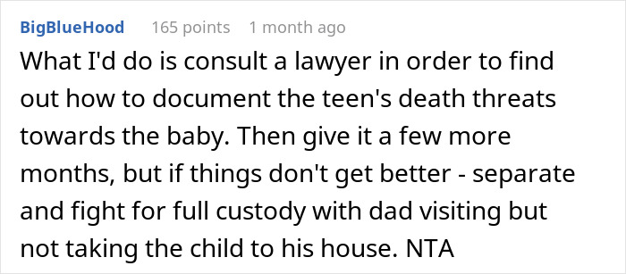 Reddit comment about stepdaughter's hostile behavior towards baby and advice on handling family issues.