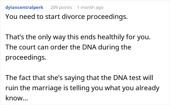 Reddit comment suggesting divorce and court-ordered paternity test due to refusal for voluntary testing.