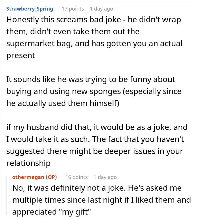 Reddit comments discussing a husband giving sponges as an unexpected Christmas gift early.