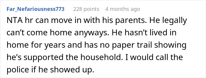 Reddit comment about a man abandoning family, suggesting he move in with parents due to lack of support evidence.