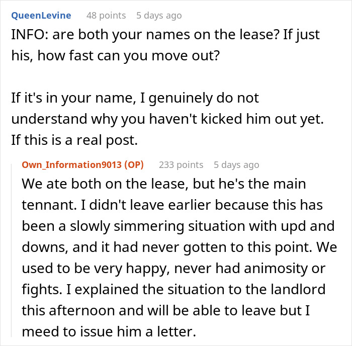 Screenshot of an online discussion about lease agreements and relationship issues.