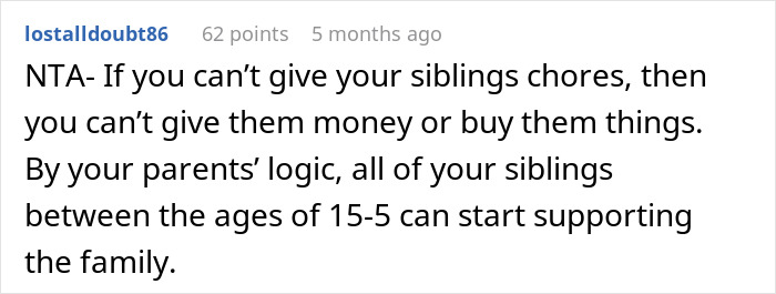 Comment discussing siblings' chores and family support logic.