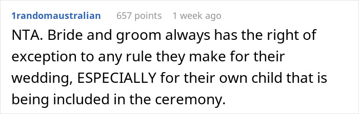 Reddit comment justifying a bride having her child at her child-free wedding.