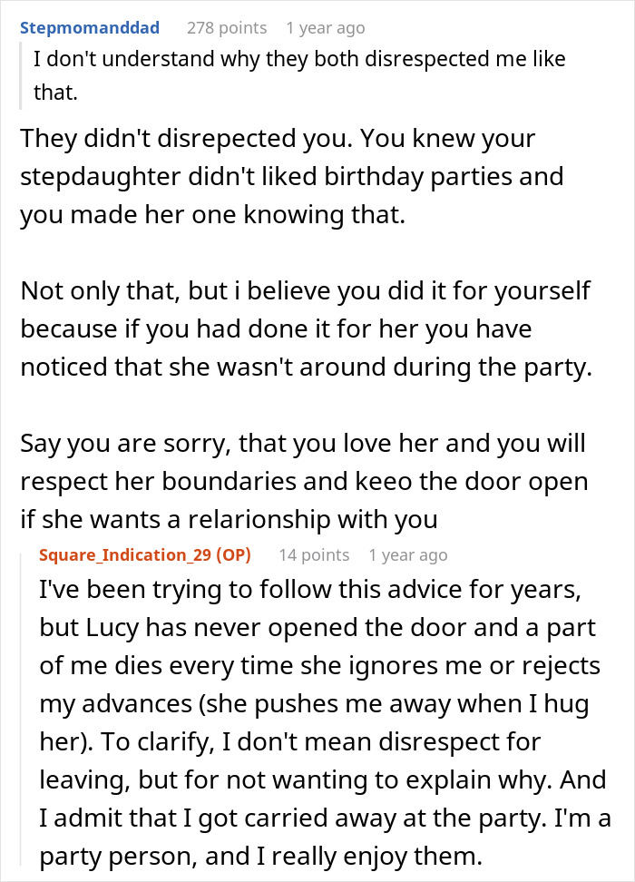 Reddit post discussing a stepdaughter running away from an expensive party thrown by her stepmother.