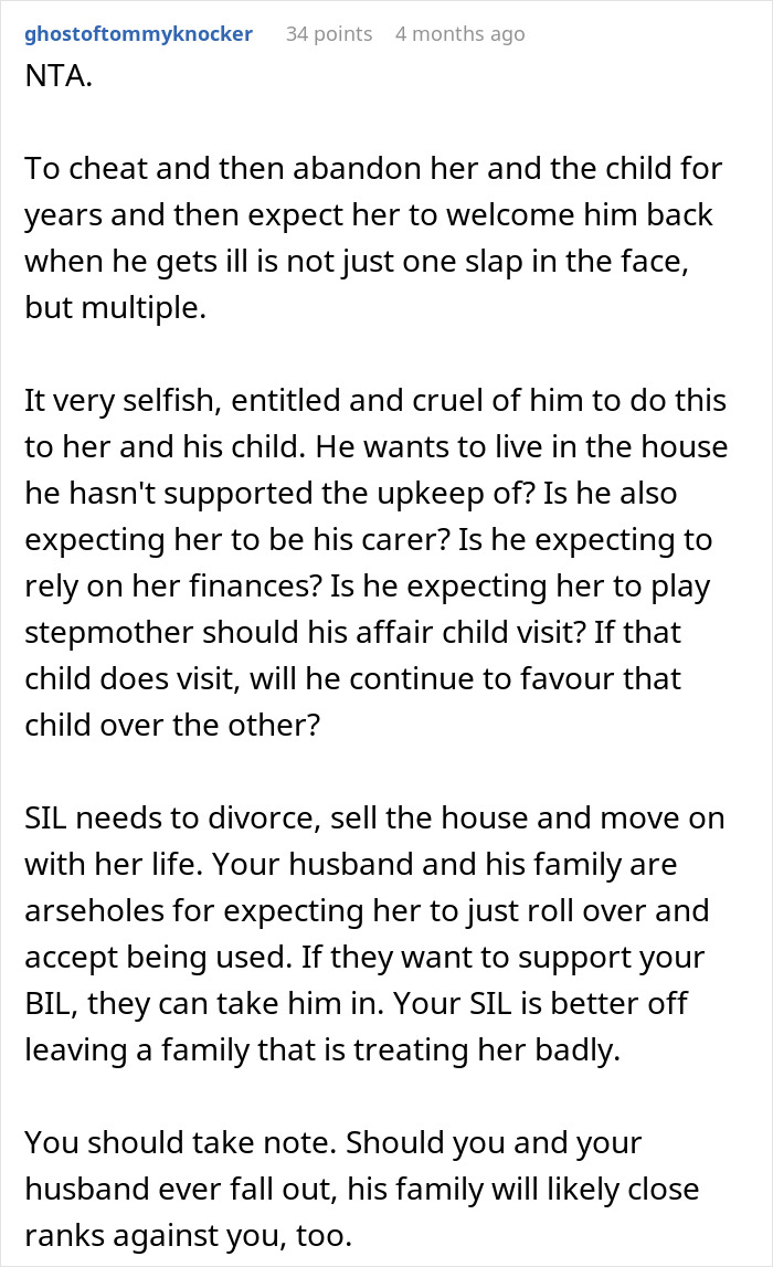 Text discussing a man's abandonment of family and the wife's refusal to care for him when sick.