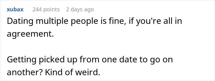 Screenshot of a comment discussing dating multiple people and navigating awkward situations on dates.