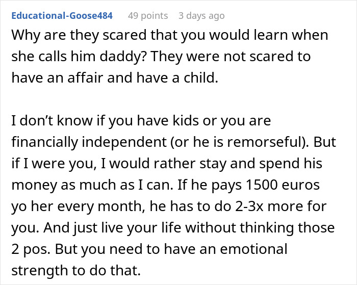 Discussion on consequences of a neighbour-daughter-husband affair, emphasizing emotional strength and financial independence.