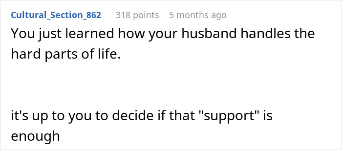 Reddit comment discussing husband's reaction during wife's surgery, highlighting support and relationship dynamics.