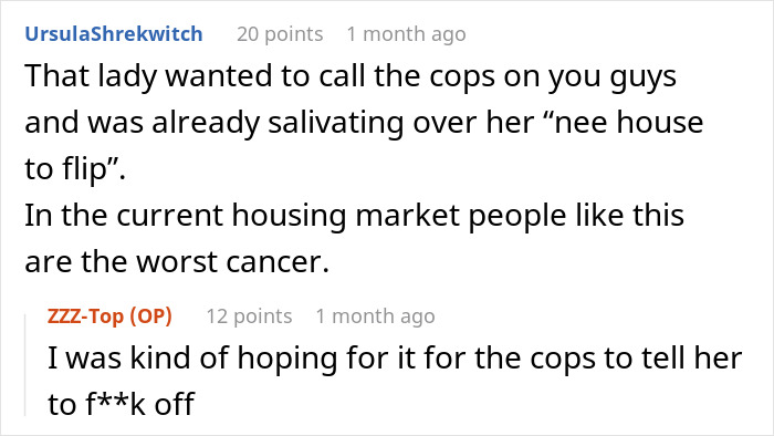 Text exchange about a woman wanting to call the cops, reflecting on petty revenge amidst housing market tensions.