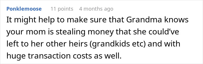 Reddit comment discussing financial fraud involving a family's inheritance.