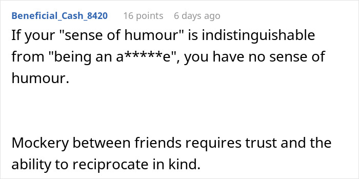 A Reddit post discussing judgmental behavior and mockery among friends.