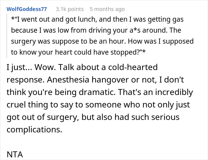 Reddit comment discussing a husband's defensive reaction after leaving his wife during surgery.