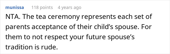 Comment discussing the importance of respecting a fiancé's tradition during wedding ceremonies.