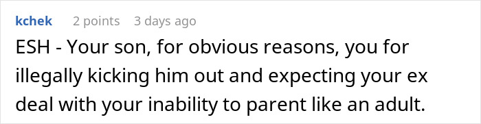 Comment screenshot discussing parenting and son being kicked out.