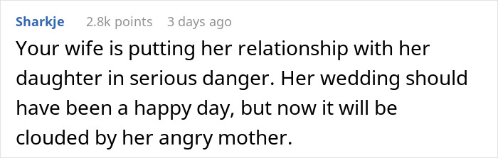 Reddit comment highlighting wedding conflict between mother and daughter over hair demands.