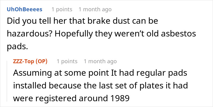 Reddit users discussing brake dust hazards and old asbestos pads in a petty revenge context.