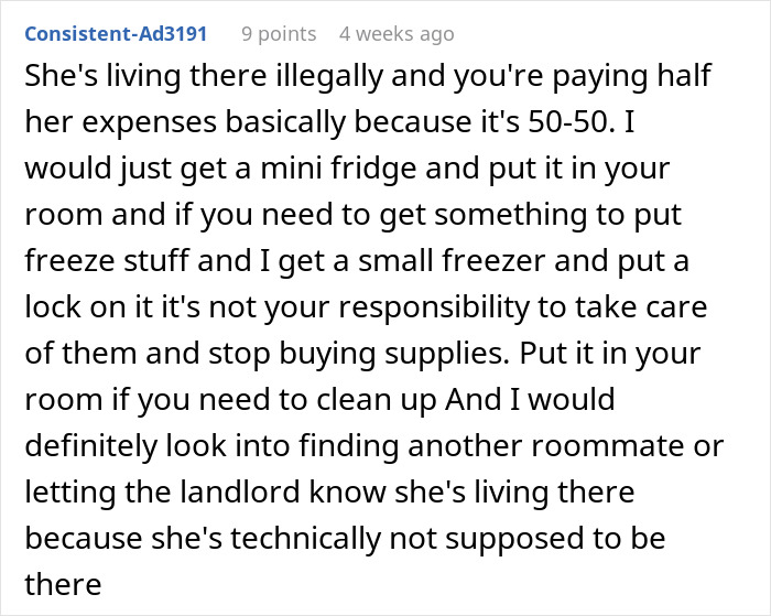 Text from a Reddit user advising a guy in an awkward living situation about his girlfriend moving in illegally.