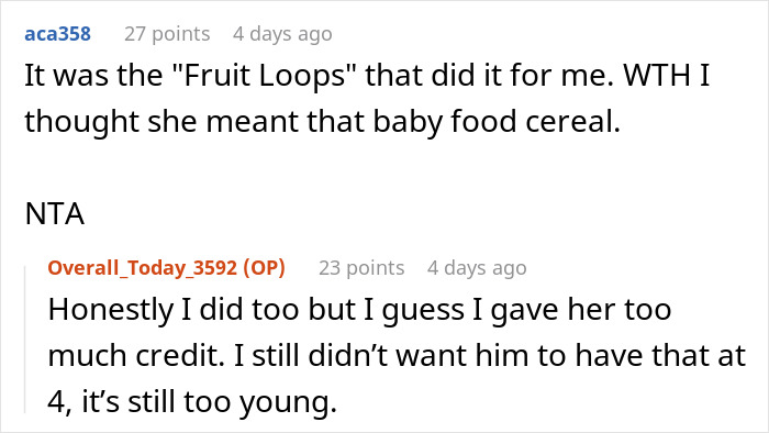 Reddit comments about MIL misunderstanding Fruit Loops as baby food, concern over cereal for a four-year-old.