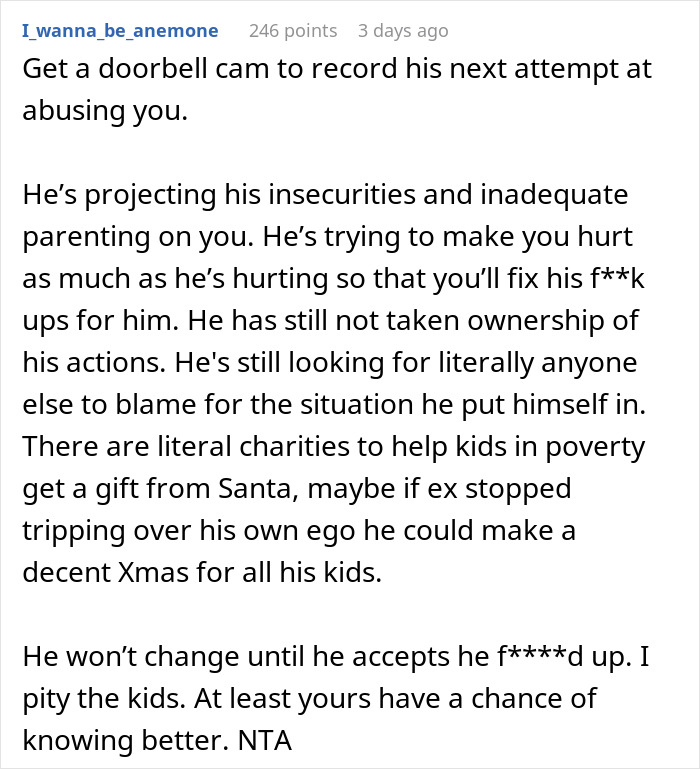 Text screenshot discussing not getting ex's affair child a Christmas gift, addressing insecurities and parenting issues.