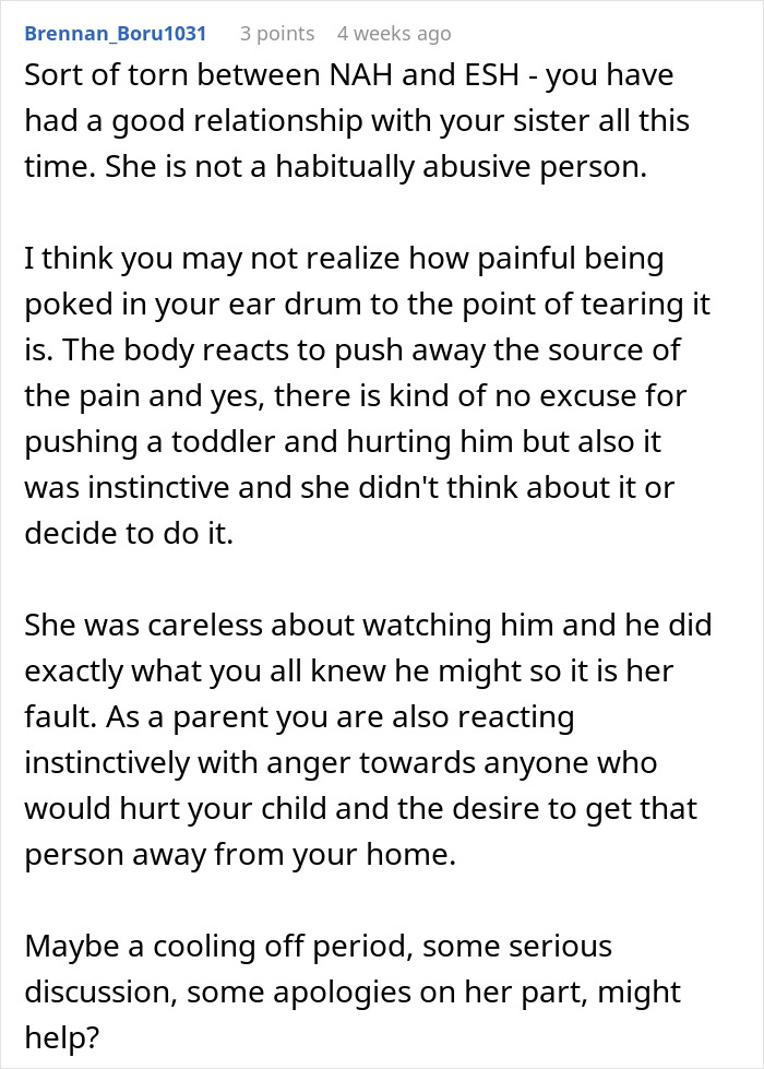 Comment discussing relationship dynamics and reactions involving sister, college, and toddler concussion scenario.