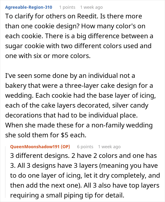 Reddit discussion about daughter charging for complex Christmas cookie designs with multiple layers and colors.