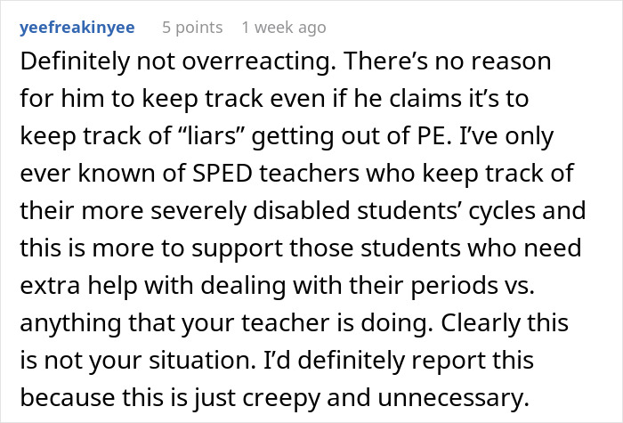 Text critique discussing a teacher tracking periods, raising concerns about privacy and necessity.