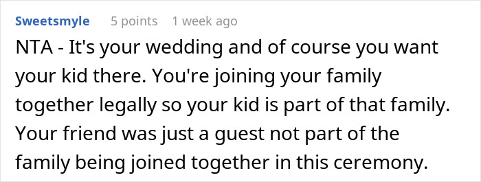 Comment supporting bride bringing child to her own child-free wedding.