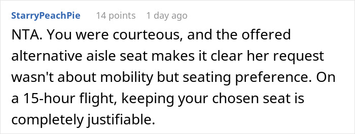 Reddit comment discussing refusing a seat switch due to false mobility claims on a flight.