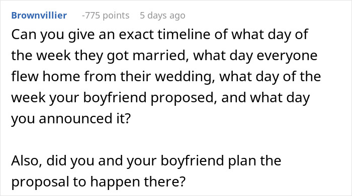 Screenshot of a comment asking for a timeline of events related to a brother's wedding engagement.