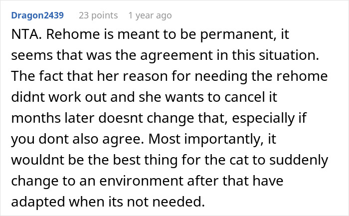 Reddit comment discussing permanent cat rehoming and challenge of reversing the decision.