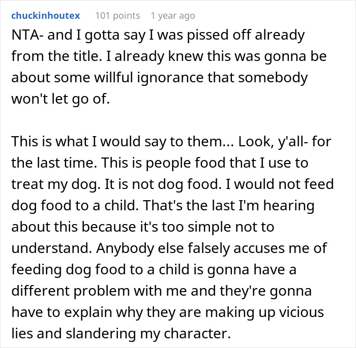 A Reddit comment clarifying the difference between dog treats and people food, defending against false accusations.