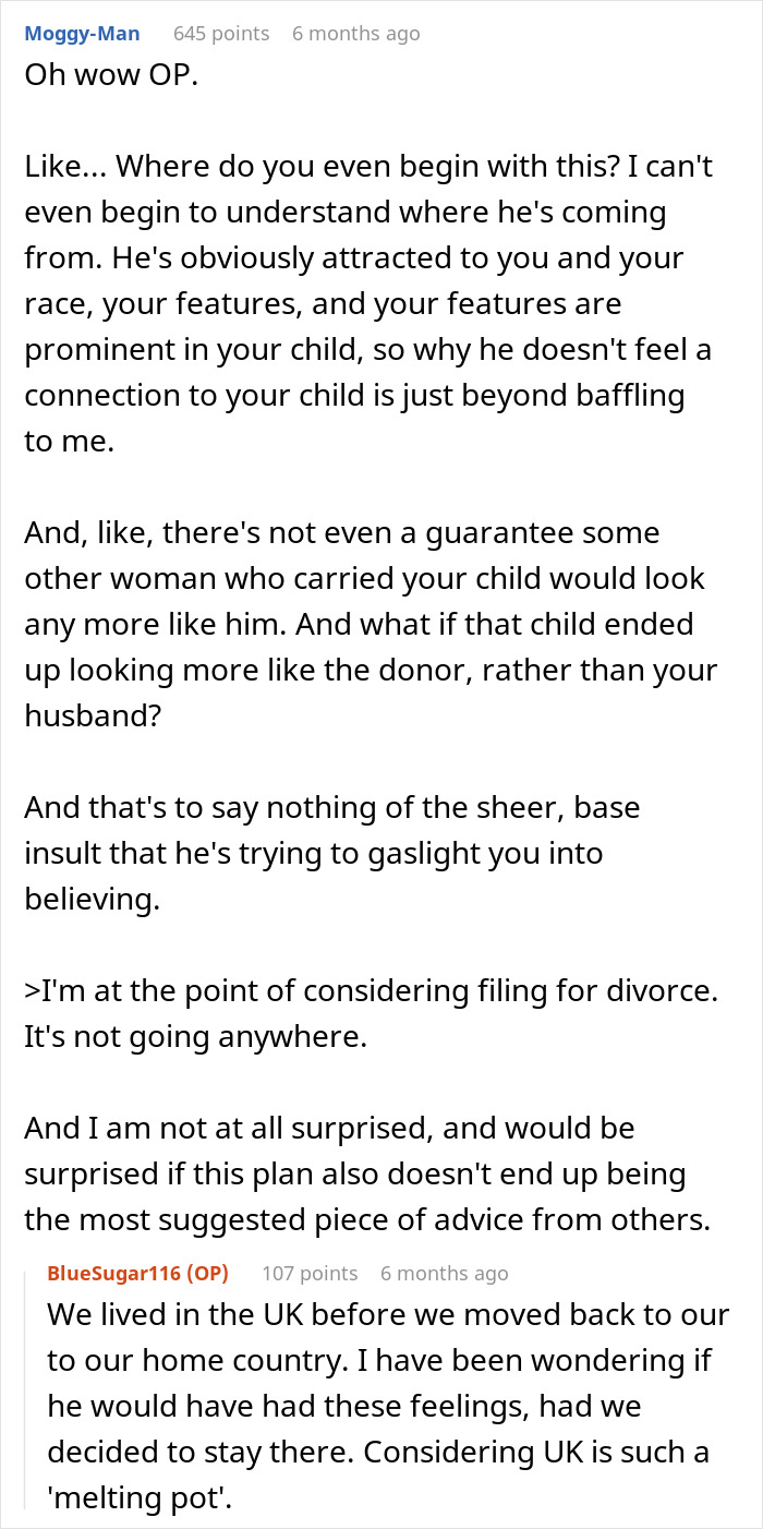 Reddit comment discussing a man's struggle to connect with his child due to her Asian features, causing conflict.