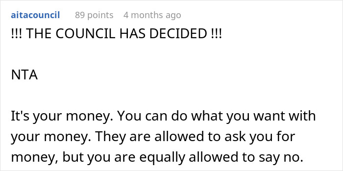 Post discussing financial independence and the decision to refuse helping a brother with debt.