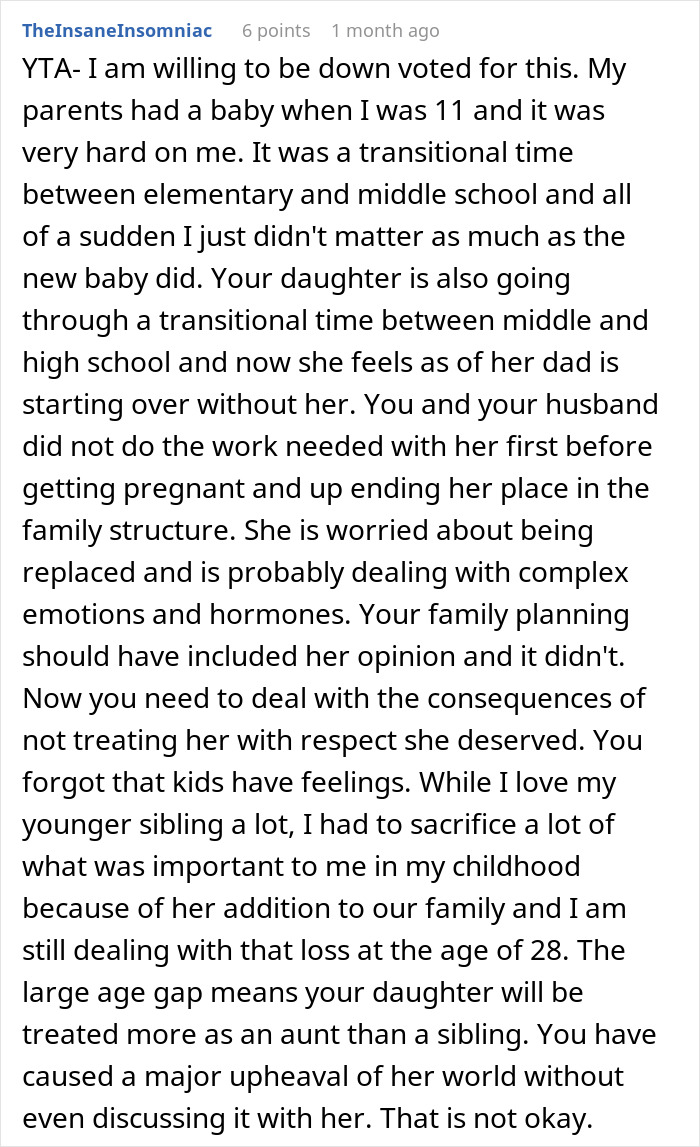 Reddit comment about stepdaughter’s hostility towards baby and family dynamics.