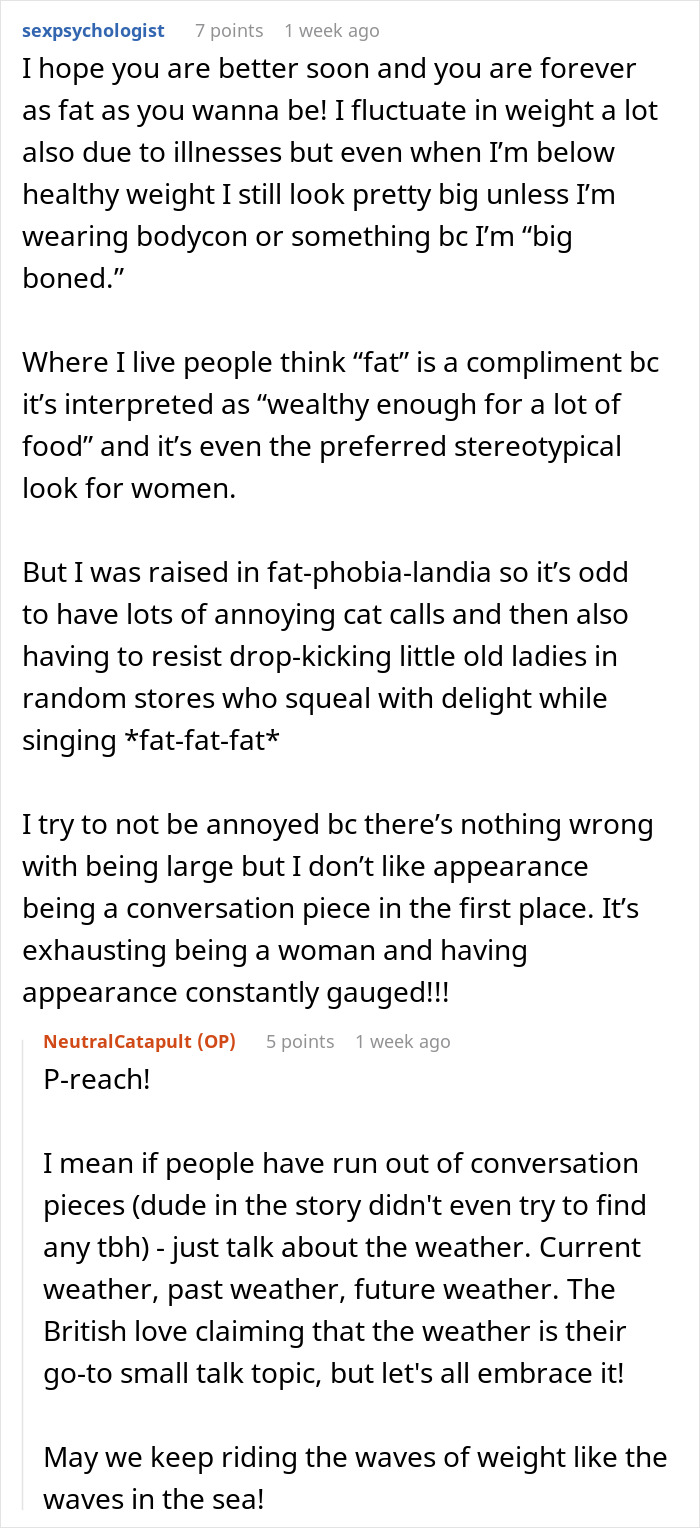 Reddit thread discussing experiences and perspectives on fat-shaming and weight perception.