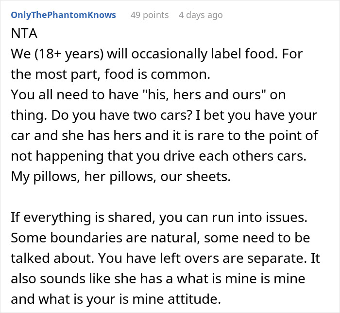 Reddit comment discussing boundaries in food sharing and personal possessions.