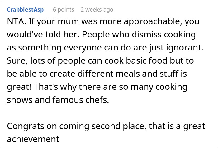 Mom Disappointed Daughter Thinks Winning Cooking Contest Is An Achievement