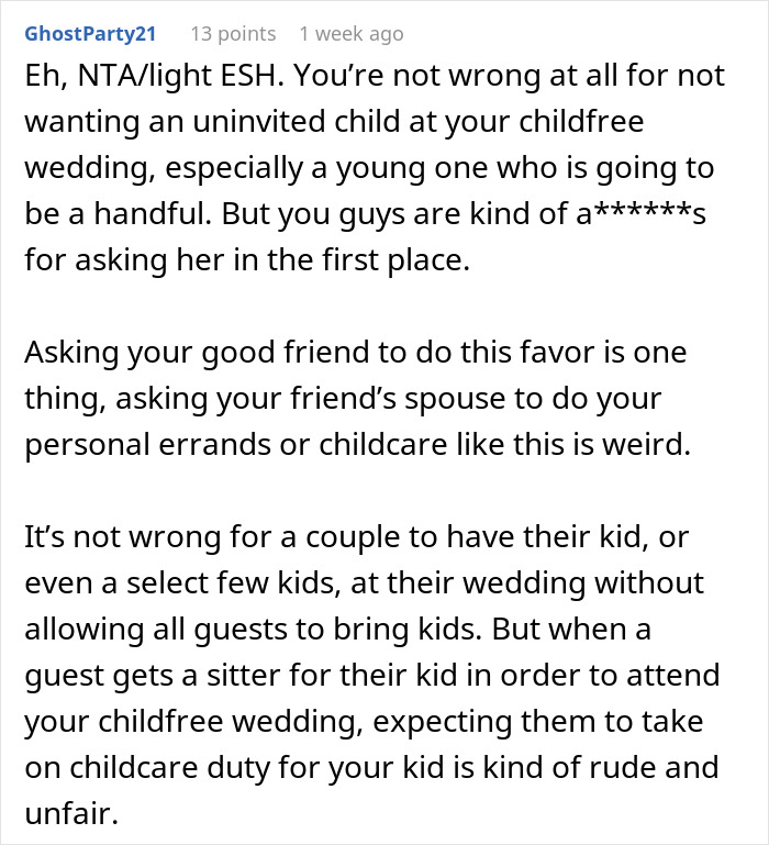 Text discussing hypocrisy of bride bringing her child to her child-free wedding.