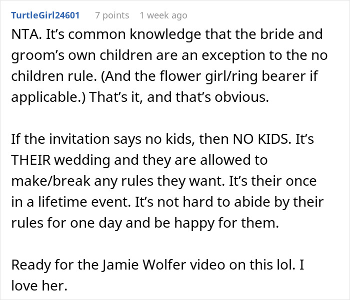 Text screenshot discussing child-free wedding rules and exceptions.