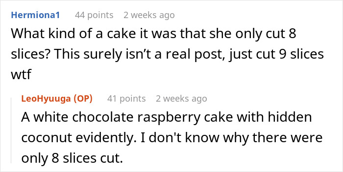 Screenshot of a humorous exchange discussing a cake-cutting dilemma at a friend’s birthday party.