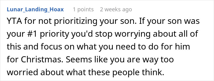 Comment discussing priorities for Christmas gifts with 40 relatives.