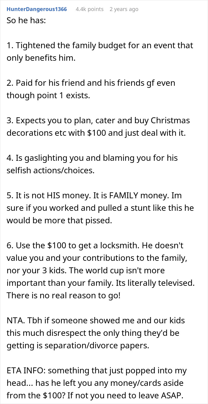 Online comment discussing a man's refusal to plan Christmas with $100 while vacationing overseas.