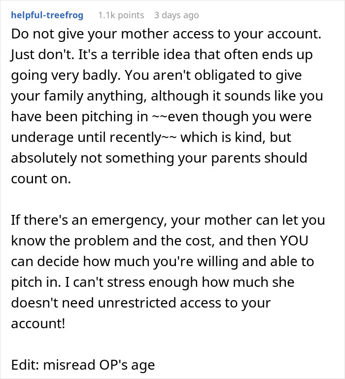 Text advice on giving a mother access in a money-related family emergency situation.