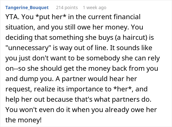 Reddit comment criticizing lack of self-awareness in financial support within a relationship.